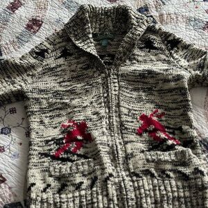 Ralph Lauren Cream & Black Zip Shawl Collar Cardigan with Red Ski Motif